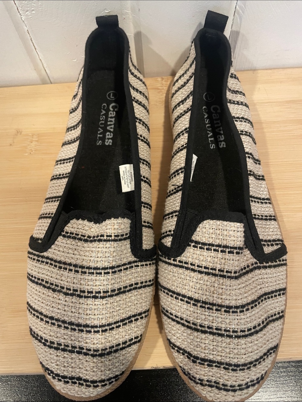Canvas Casuals Women's Black & Cream Striped Slip-On  Flats size L